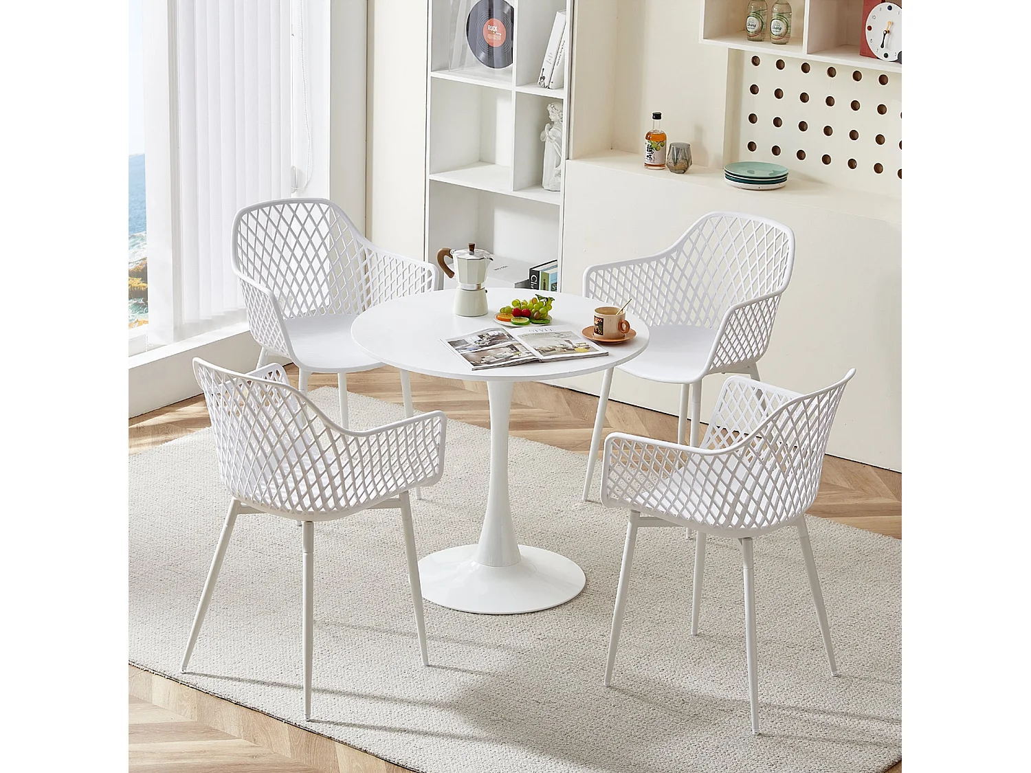 Lot de 4 Fauteuil Chaises Blanc Plastique Scandinave Chaise de Salle à manger- Idéales pour Terrasse, Jardin et Extérieur