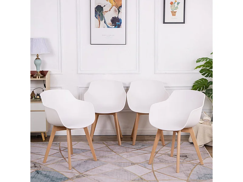 Lot de 4 Chaises Salle à Manger Fauteuils Scandinave de Cuisine avec Pieds en Bois de Hêtre Massif Blanc