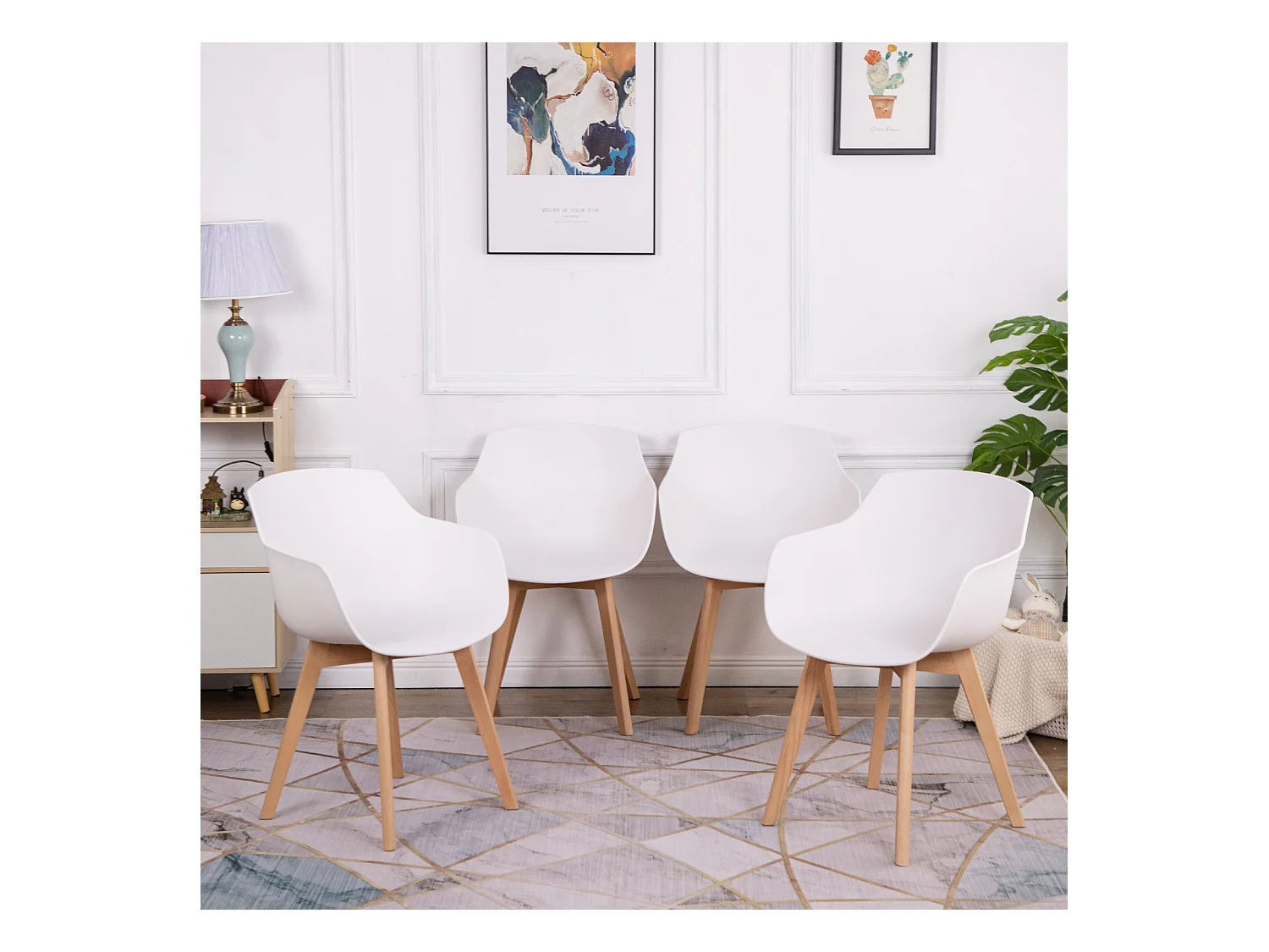 Lot de 4 Chaises Salle à Manger Fauteuils Scandinave de Cuisine avec Pieds en Bois de Hêtre Massif Blanc