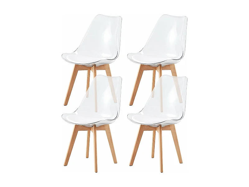 Lot de 4 chaises scandinaves avec pieds en bois de hêtre, chaises de cuisine transparentes avec coussin en cuir PU blanc
