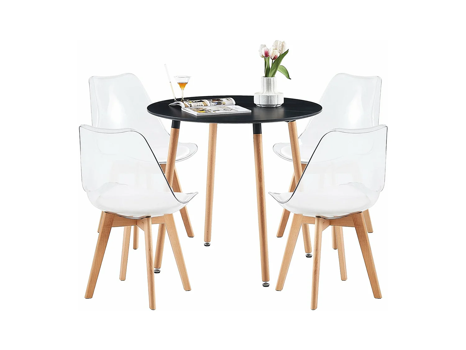 Lot de 4 chaises scandinaves avec pieds en bois de hêtre, chaises de cuisine transparentes avec coussin en cuir PU blanc