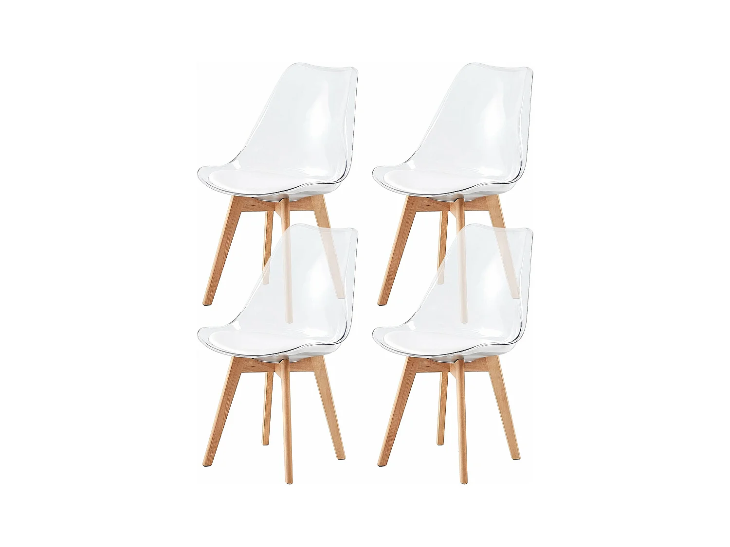 Lot de 4 chaises scandinaves avec pieds en bois de hêtre, chaises de cuisine transparentes avec coussin en cuir PU blanc