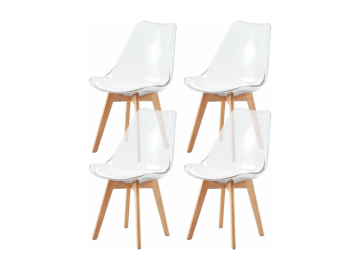 Lot de 4 chaises scandinaves avec pieds en bois de hêtre, chaises de cuisine transparentes avec coussin en cuir PU blanc
