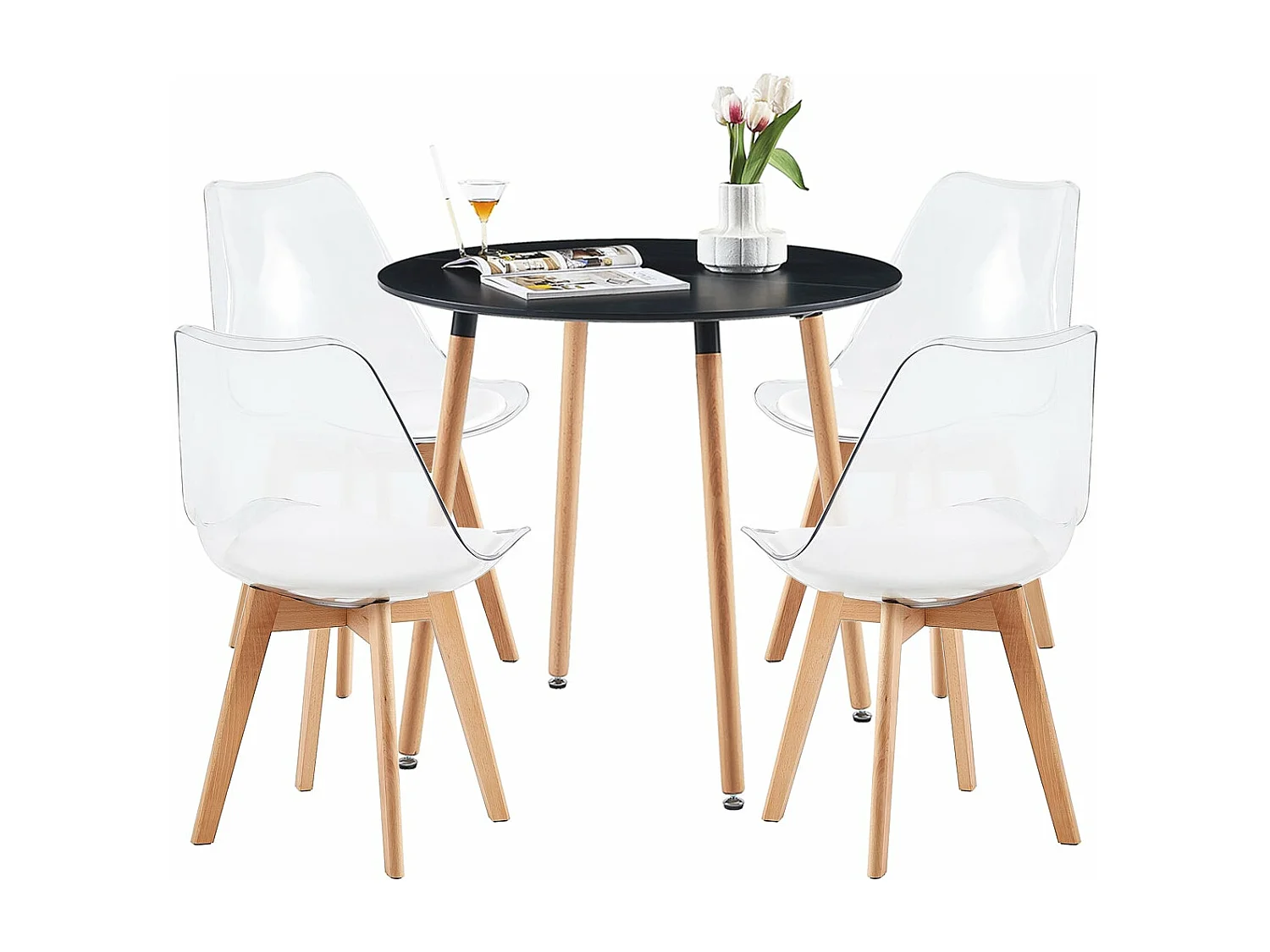 Lot de 4 chaises scandinaves avec pieds en bois de hêtre, chaises de cuisine transparentes avec coussin en cuir PU blanc