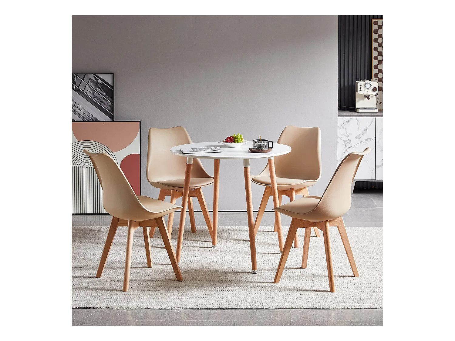 Lot de 4 chaises de salle à manger style nordique, chaise rétro rembourrée, pieds en bois de hêtre massif, kaki