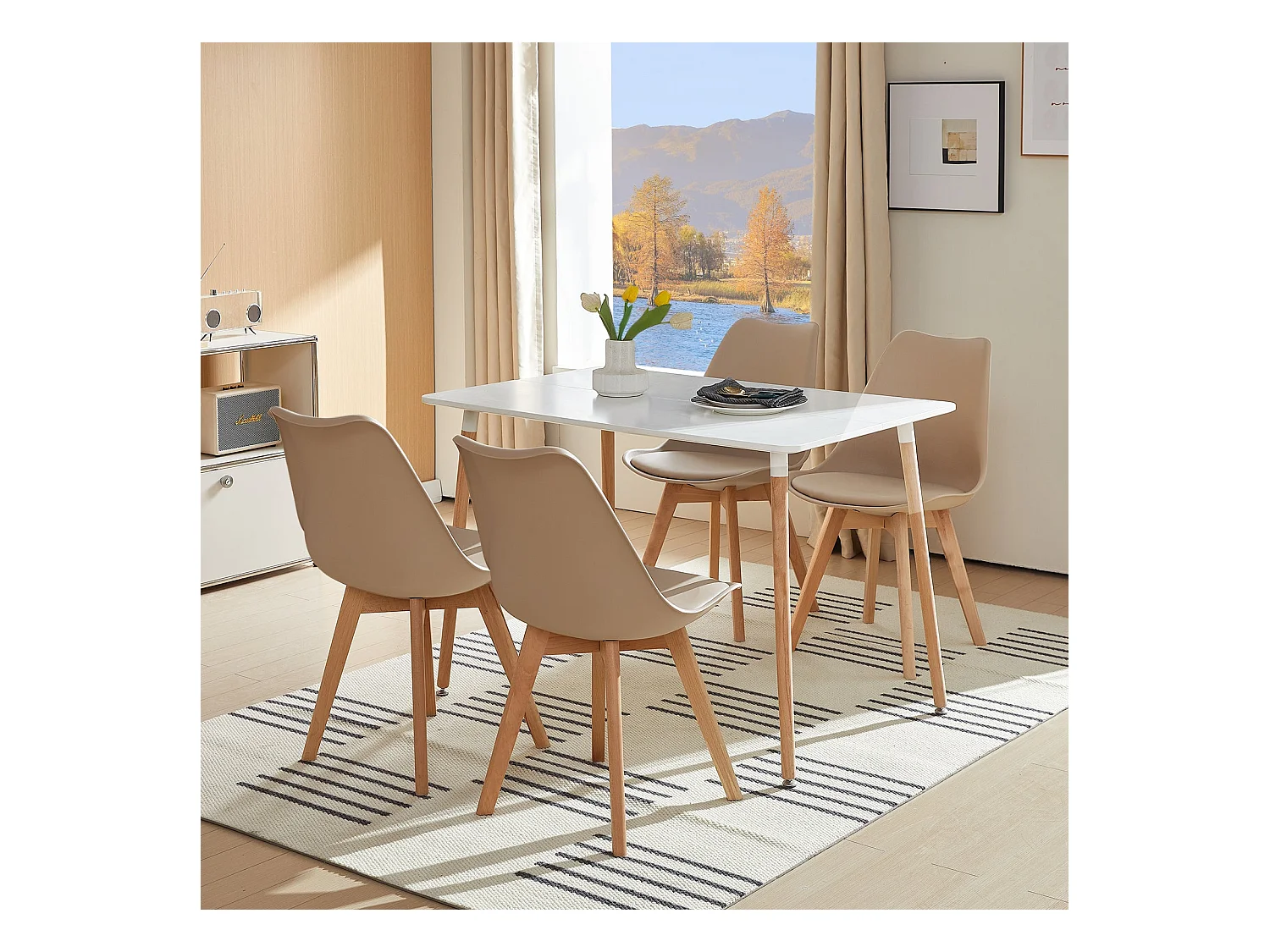 Lot de 4 chaises de salle à manger style nordique, chaise rétro rembourrée, pieds en bois de hêtre massif, kaki