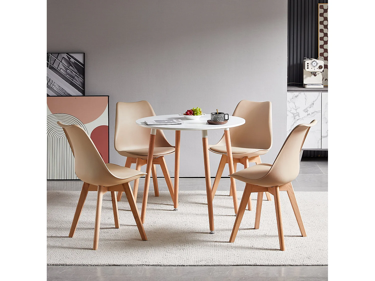 Lot de 4 chaises de salle à manger style nordique, chaise rétro rembourrée, pieds en bois de hêtre massif, kaki