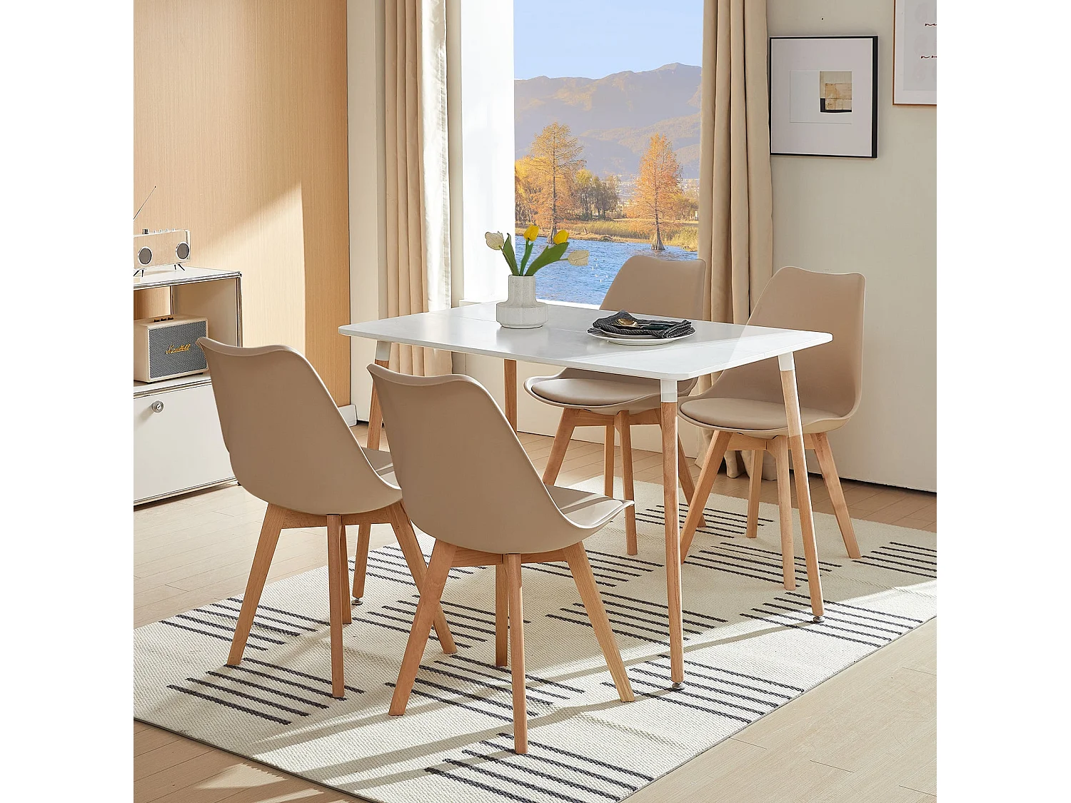 Lot de 4 chaises de salle à manger style nordique, chaise rétro rembourrée, pieds en bois de hêtre massif, kaki