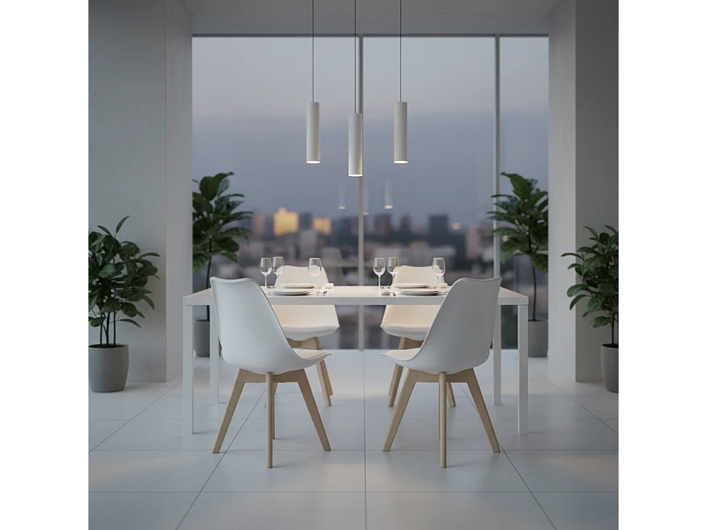 Set di 4 sedie scandinave bianche dal design contemporaneo in legno massello e scocca in plastica con cuscino confortevole