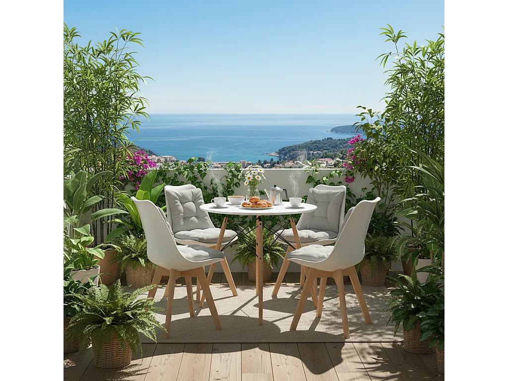 Set di 4 sedie scandinave bianche dal design contemporaneo in legno massello e scocca in plastica con cuscino confortevole