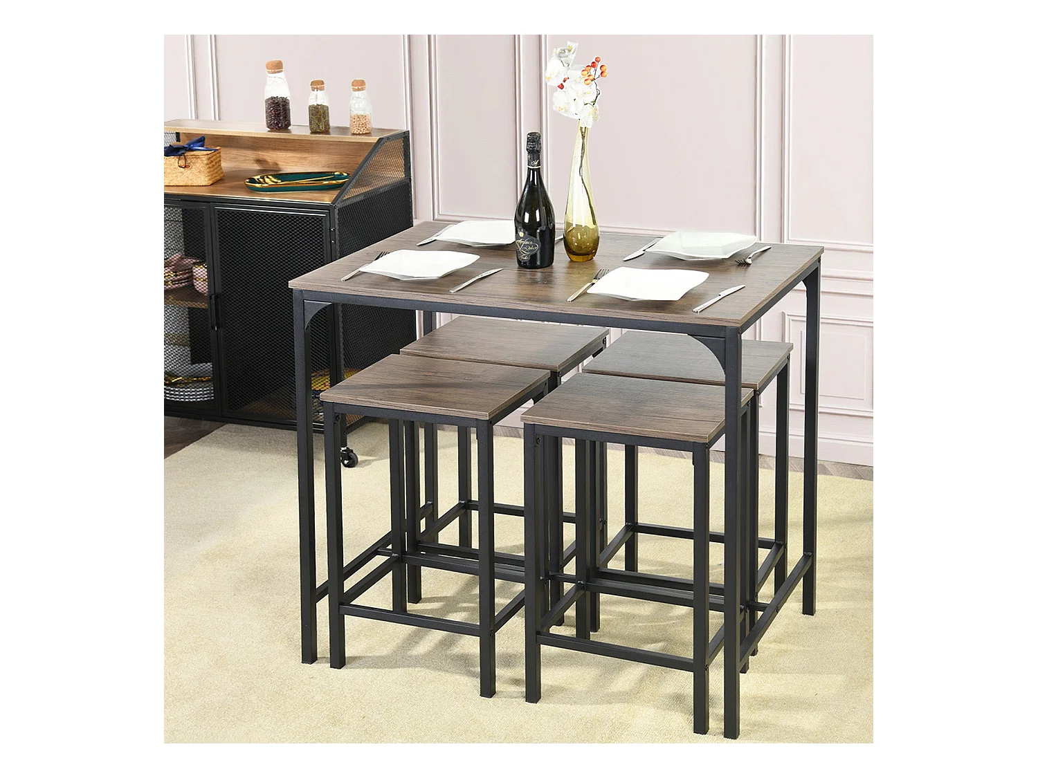 Ensemble de Table de Bar avec 1 Table et 4 Chaises, Design Moderne
