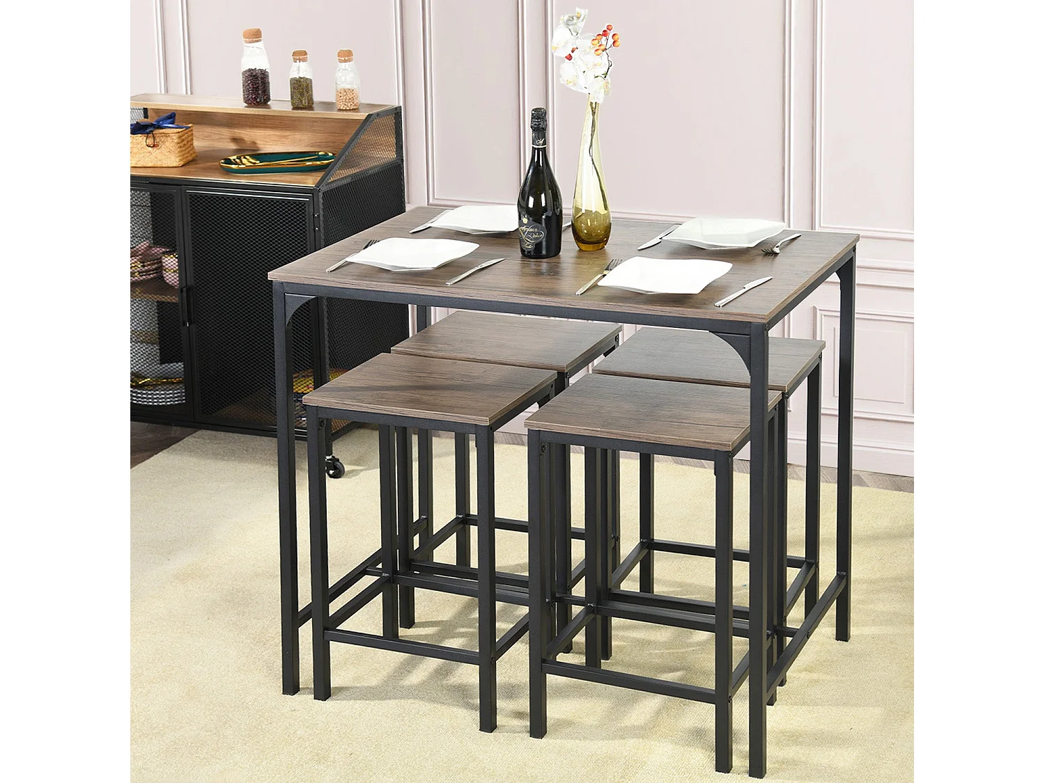 Ensemble de Table de Bar avec 1 Table et 4 Chaises, Design Moderne