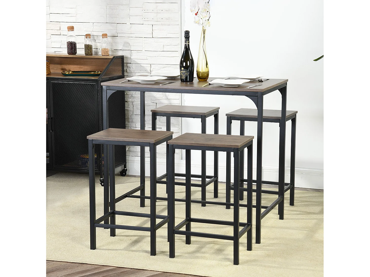 Ensemble de Table de Bar avec 1 Table et 4 Chaises, Design Moderne