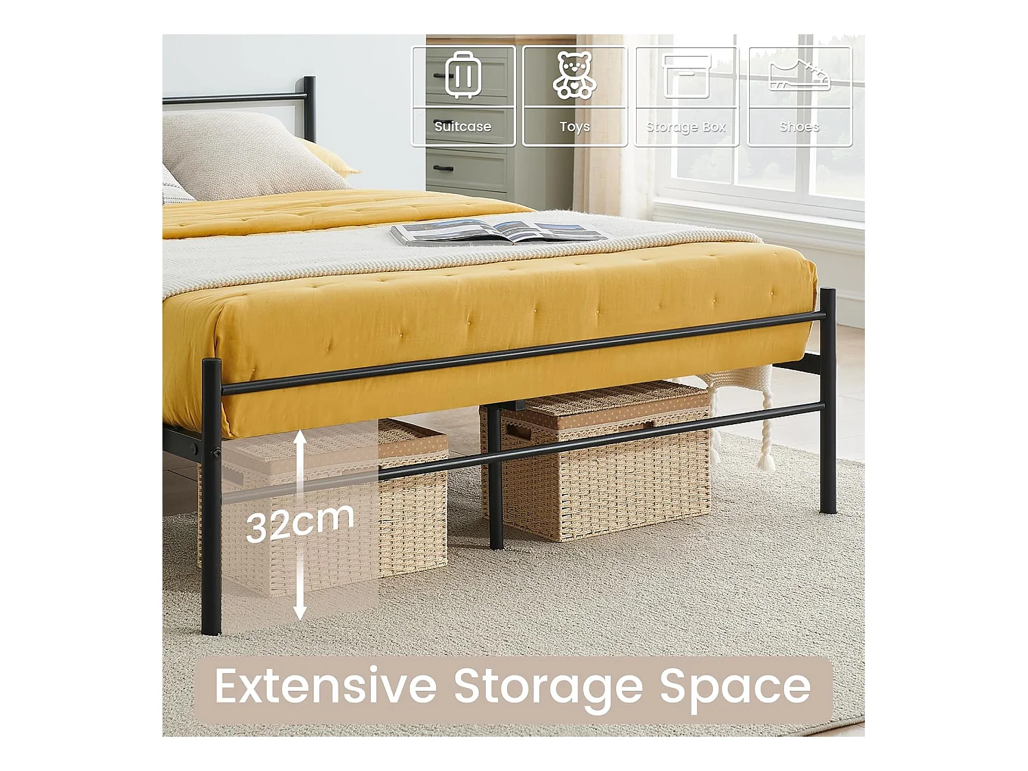 Cadre de Lit Double en Métal - 140x190 cm - Noir