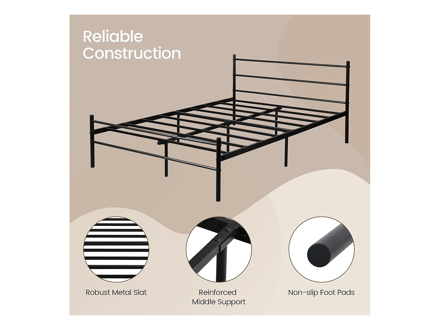 Cadre de Lit Double en Métal - 140x190 cm - Noir