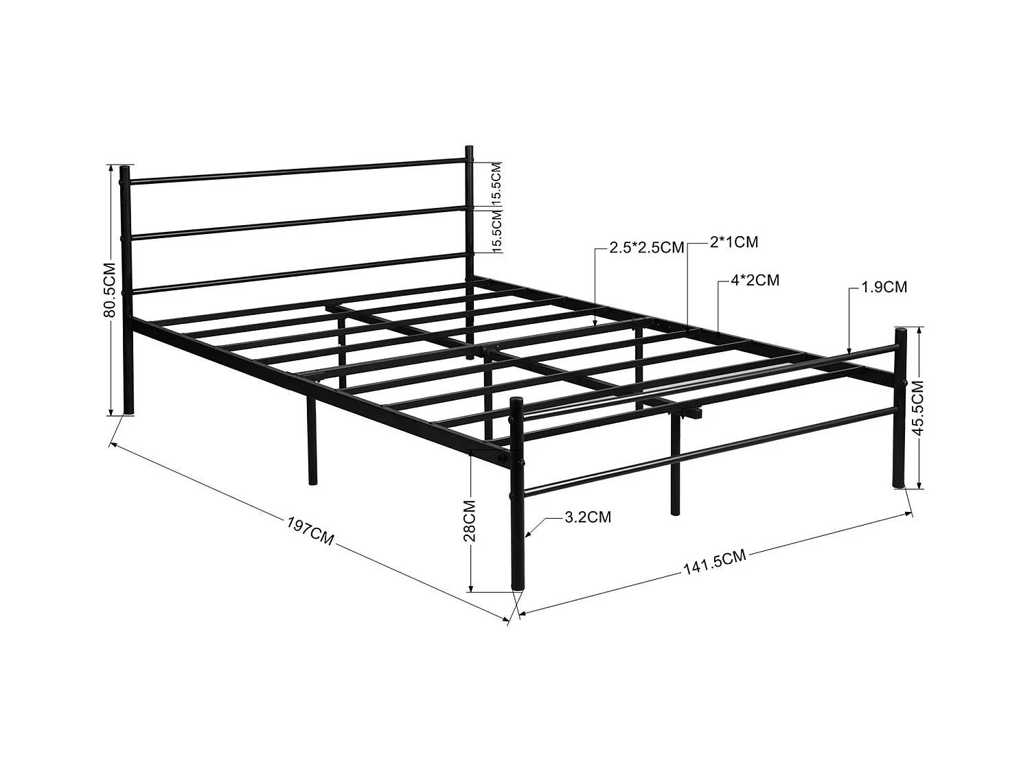 Cadre de Lit Double en Métal - 140x190 cm - Noir