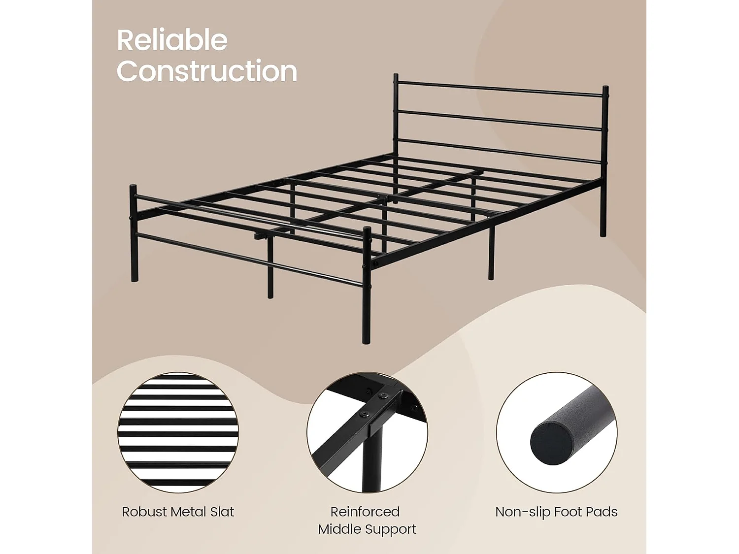 Cadre de Lit Double en Métal - 140x190 cm - Noir