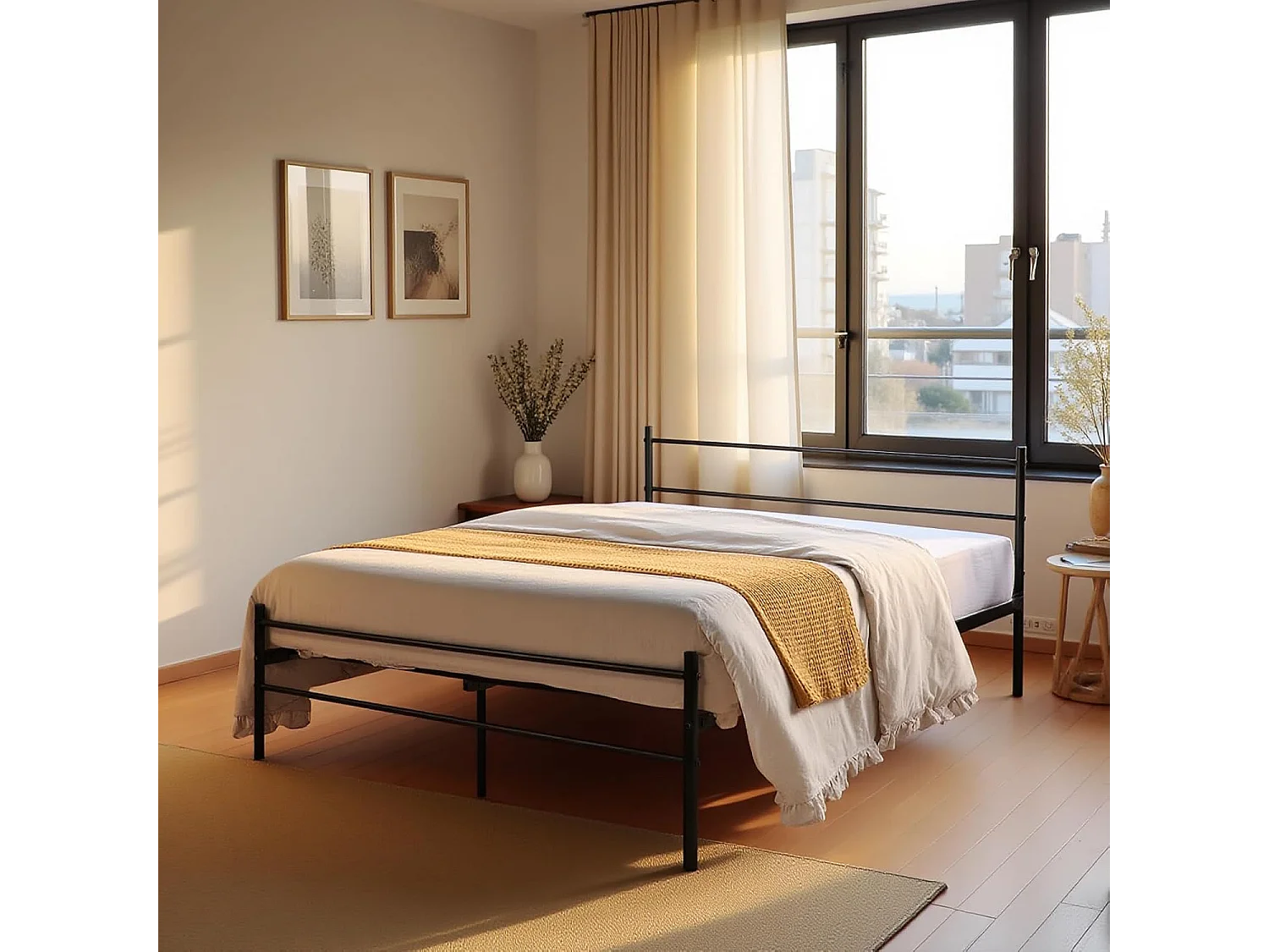 Telaio Letto Matrimoniale in Metallo Nero 140x190 cm - Struttura Robusta, Rete a Doghe, Design Moderno e Facile da Montare