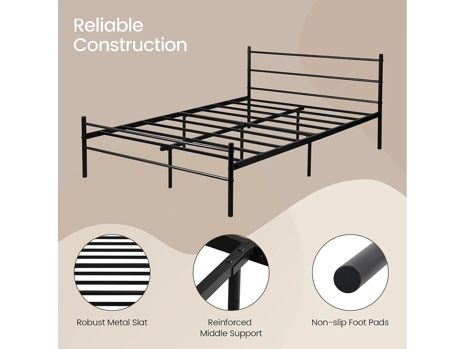 Telaio Letto Matrimoniale in Metallo Nero 140x190 cm - Struttura Robusta, Rete a Doghe, Design Moderno e Facile da Montare