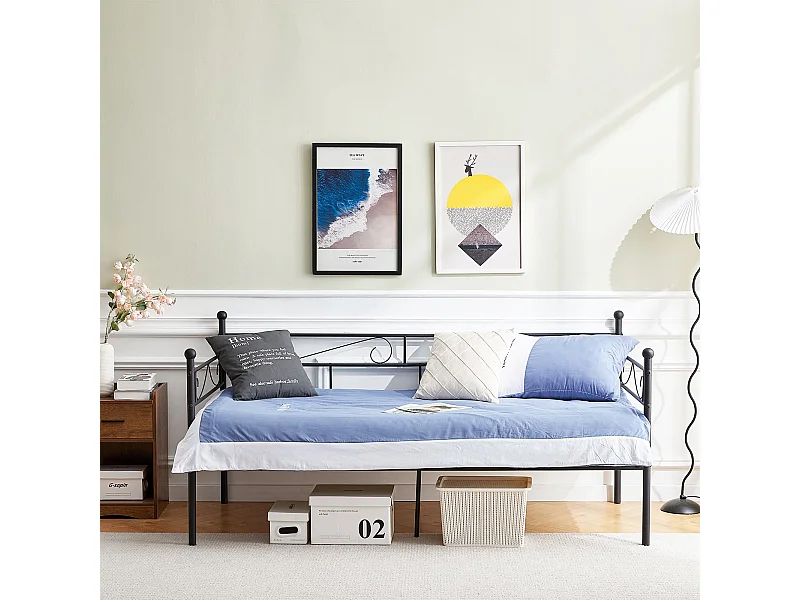 Cadre de Lit Simple en Métal 90x200 cm - Noir, Design Moderne et Résistant