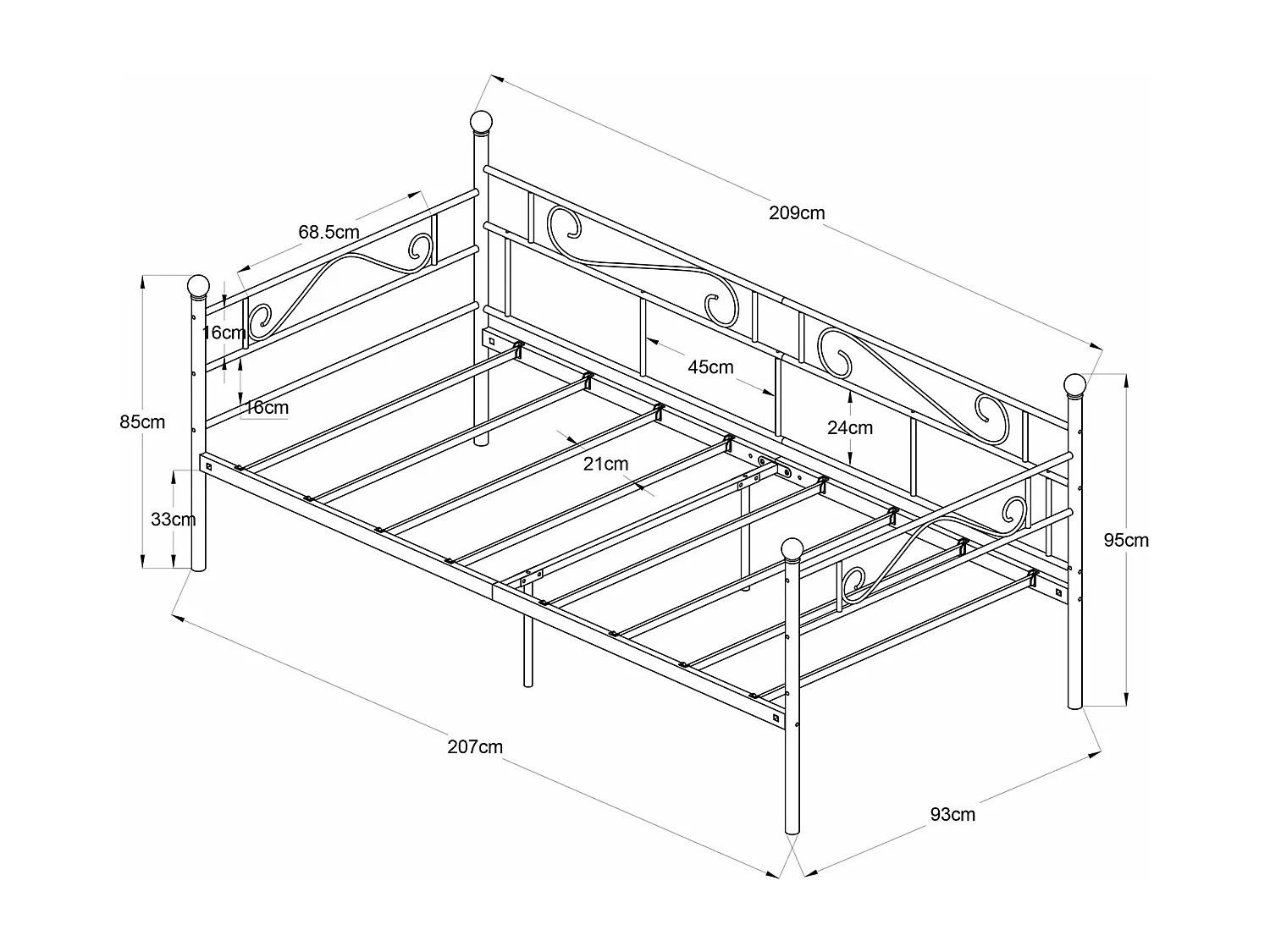 Cadre de Lit Simple en Métal 90x200 cm - Noir, Design Moderne et Résistant