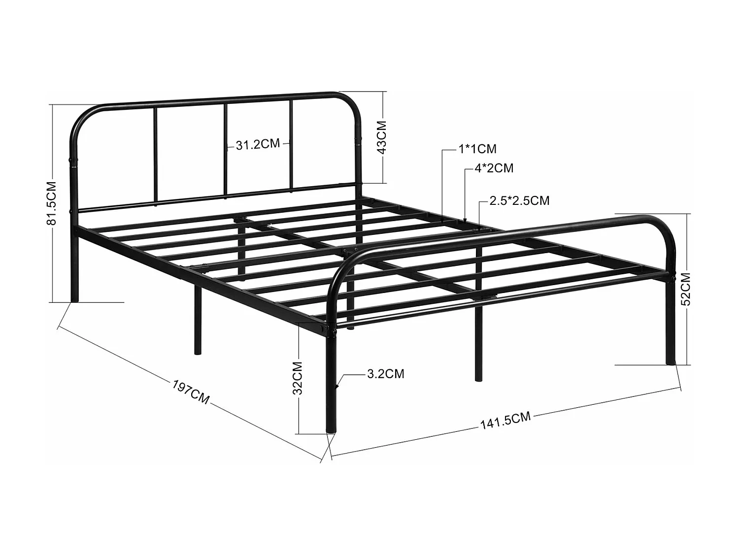 Structure de lit adulte 140x190 classique en métal design noir