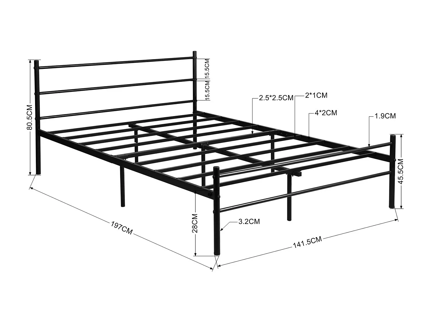 Lit double en métal cadre de lit 140cm x 190 cm - noir