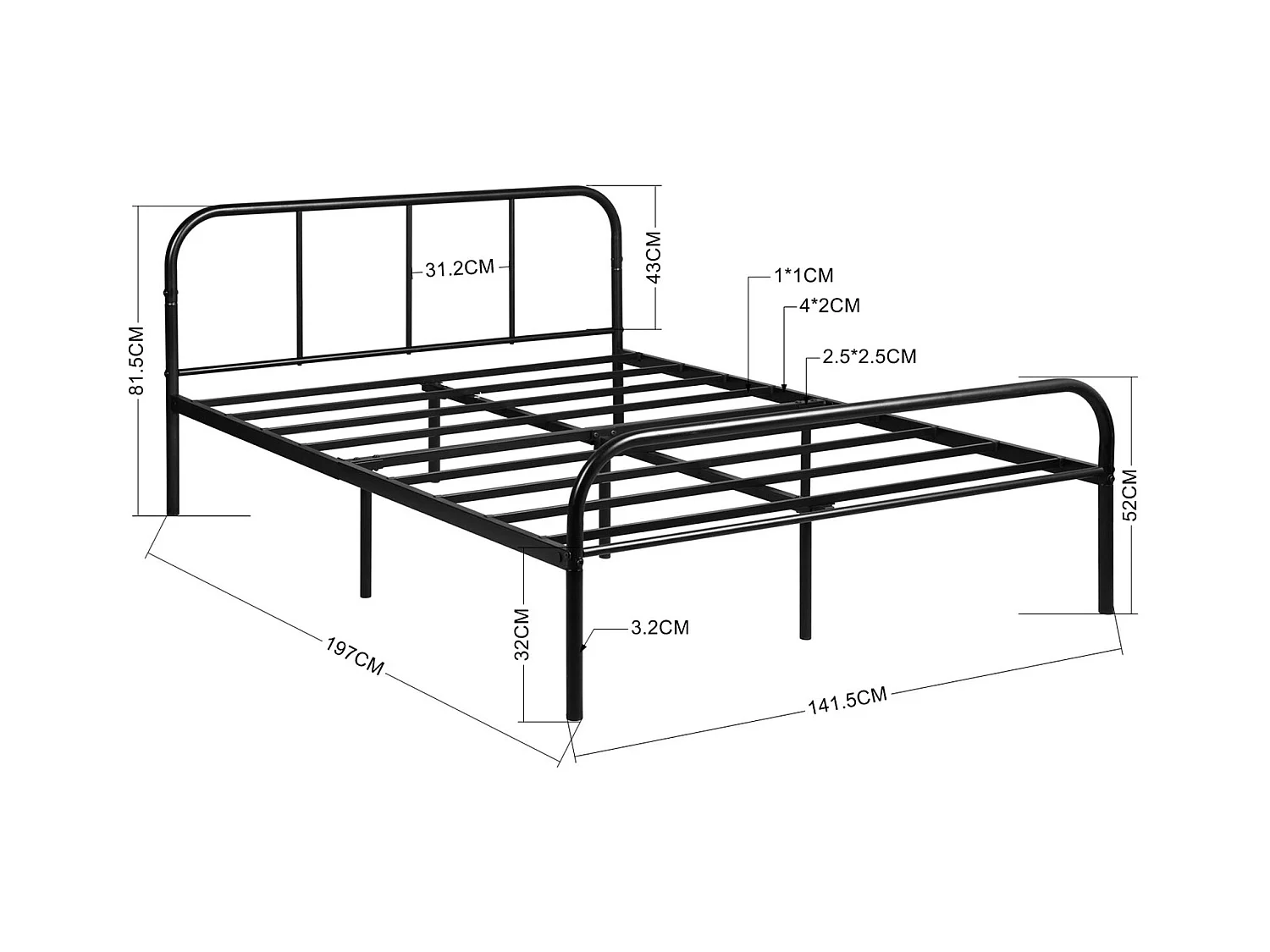 Lit Double en métal Design Cadre de lit 140x190cm-Noir
