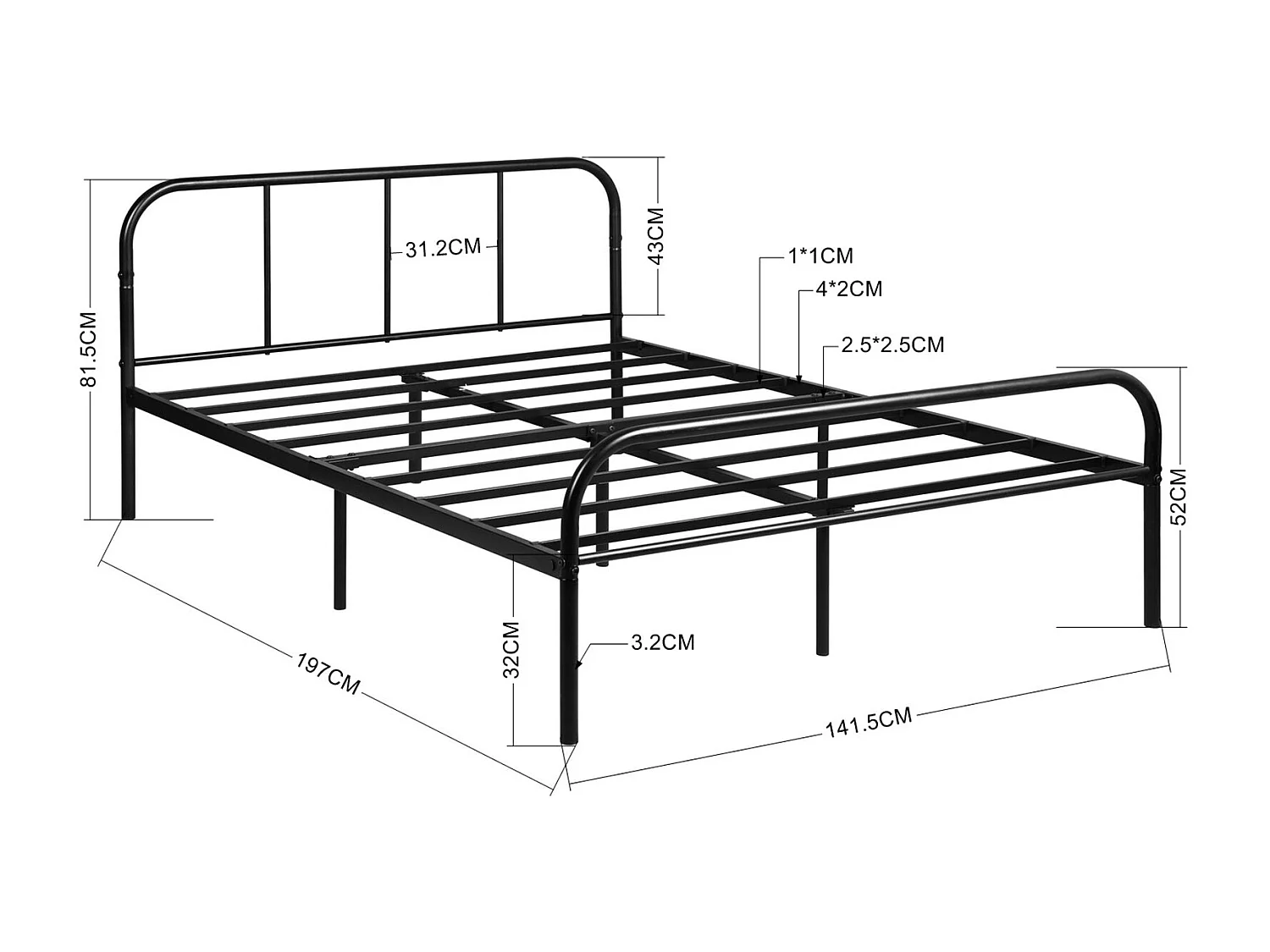 Lit Double en métal Design Cadre de lit 140x190cm-Noir