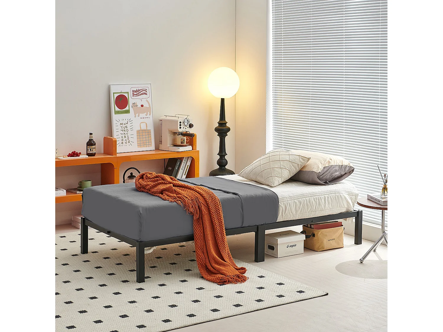 Lit Simple Cadre de Lit Plateforme en métal avec Rangement sous Le lit, Lit Adolescent,lit 90 x 200 cm, Assemblage Rapide sans Vis, Noir