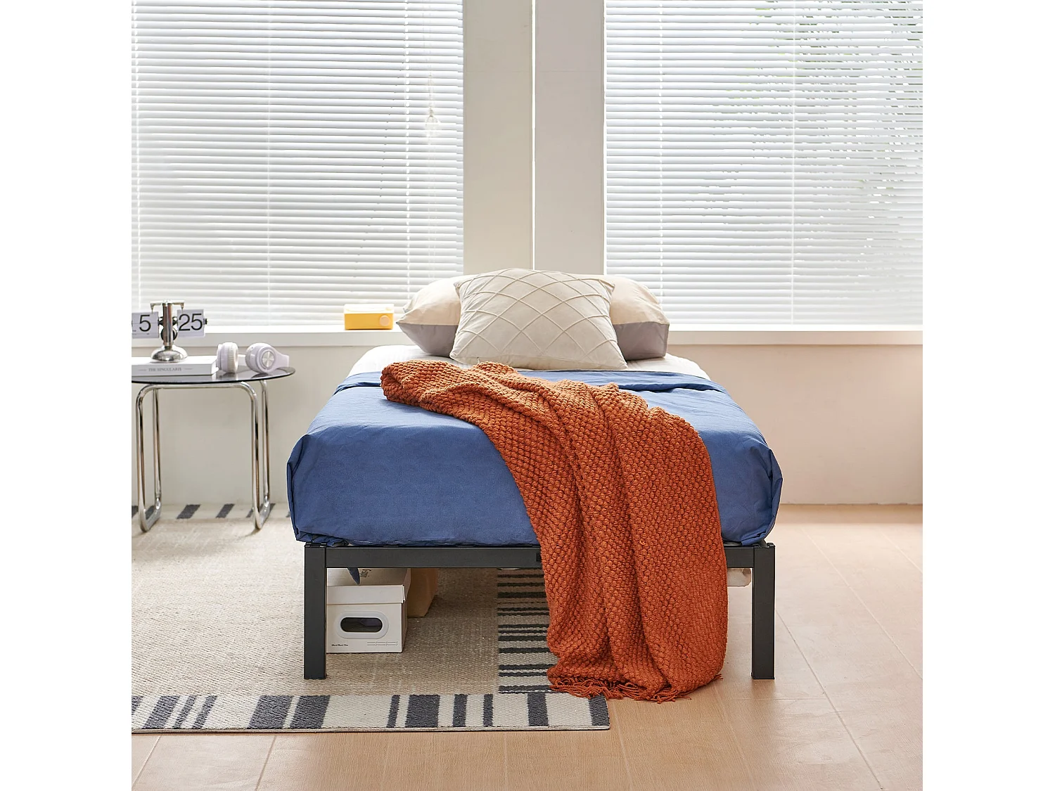 Lit Simple Cadre de Lit Plateforme en métal avec Rangement sous Le lit, Lit Adolescent,lit 90 x 200 cm, Assemblage Rapide sans Vis, Noir