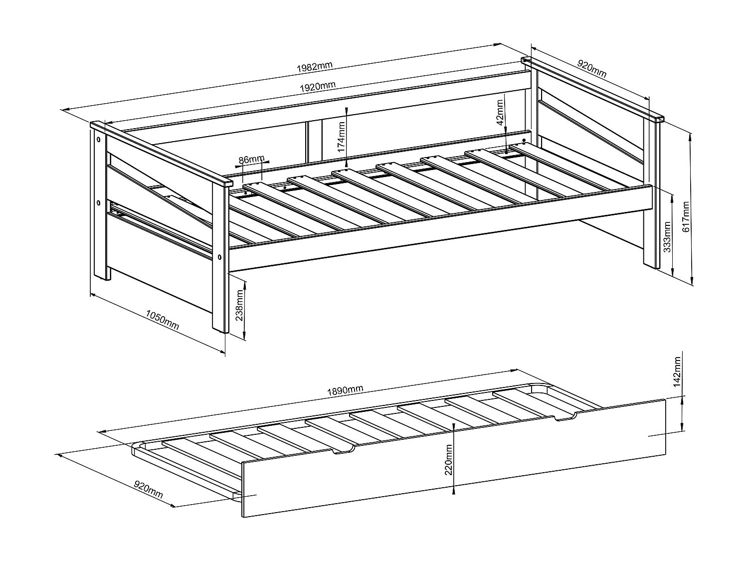 Lit gigogne 2 x 90 x 190 cm - MDF - Coloris : Naturel et beige + Matelas - LURAVO