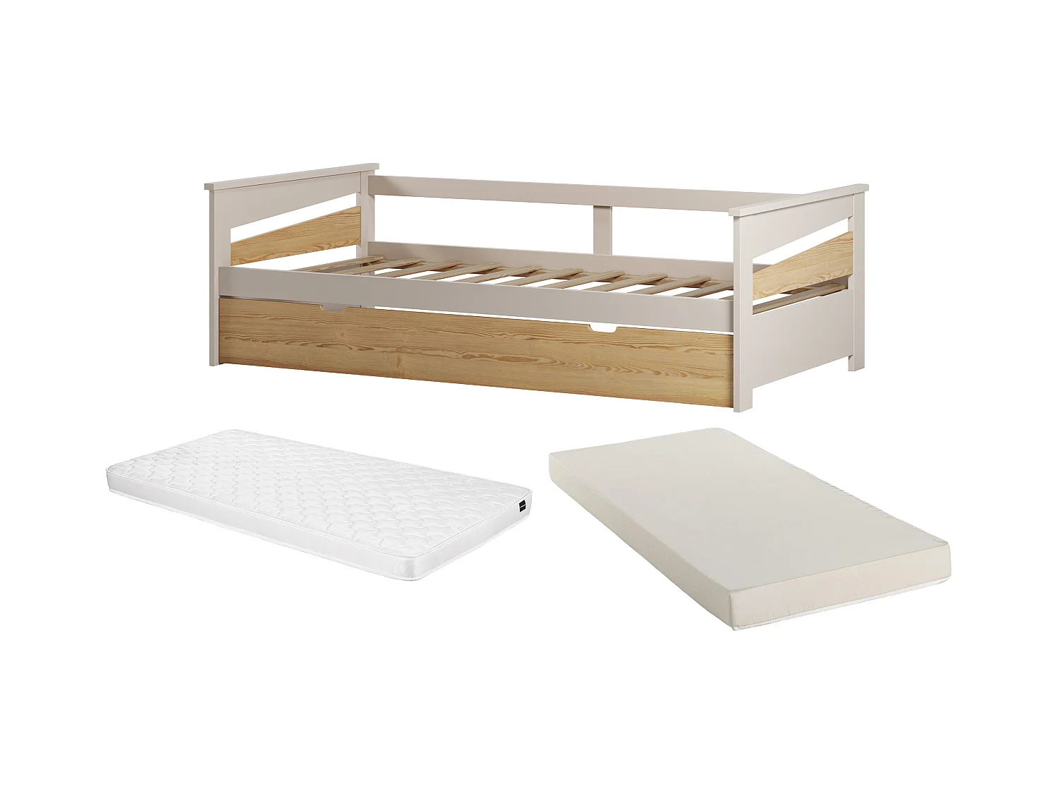Lit gigogne 2 x 90 x 190 cm - MDF - Coloris : Naturel et beige + Matelas - LURAVO