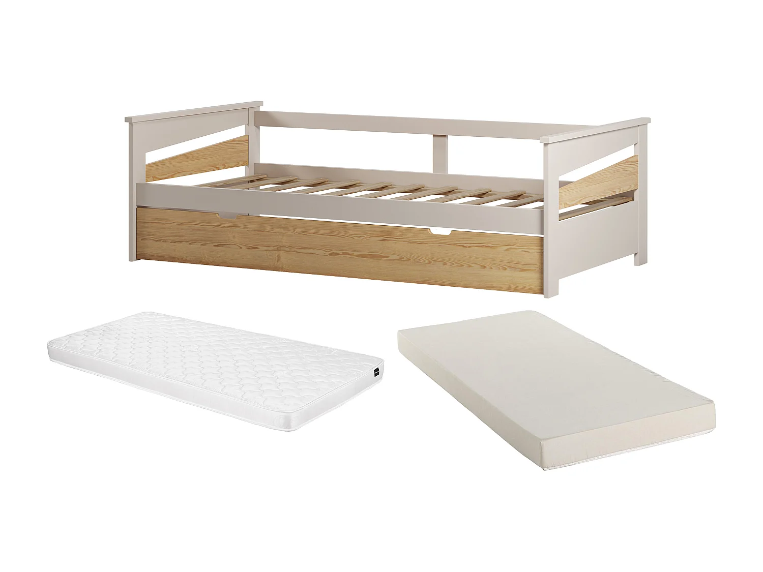 Cama dupla 2 x 90 x 190 cm MDF cor natural e bege + colchão - LURAVO