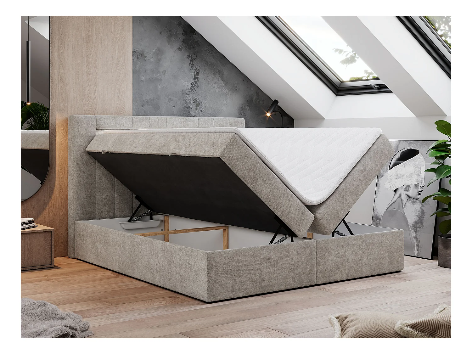 Boxspringbett GOLD 5 mit Multipocket-Matratze und LED, zwei Bettkästen - 140x200 cm - H3 - Beige Strukture