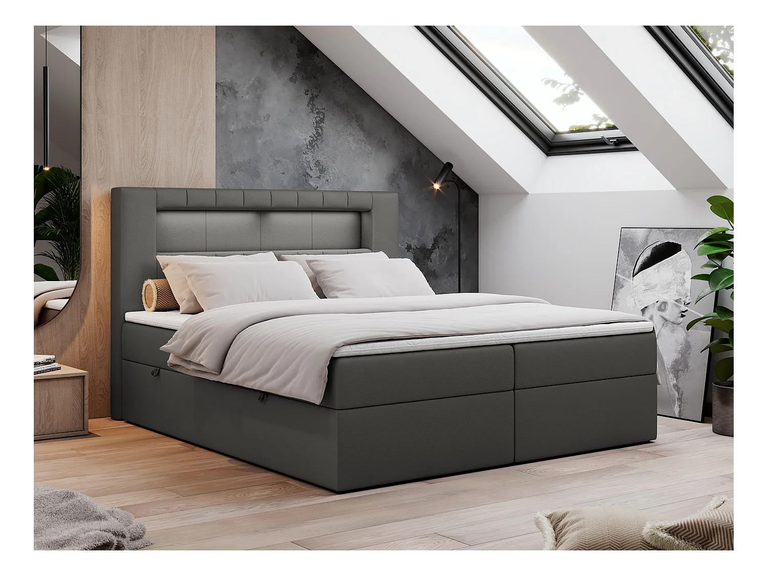 Boxspringbett GOLD 5 mit Multipocket-Matratze und LED, zwei Bettkästen - 140x200 cm - H3 - Dunkelgrau Kunstleder