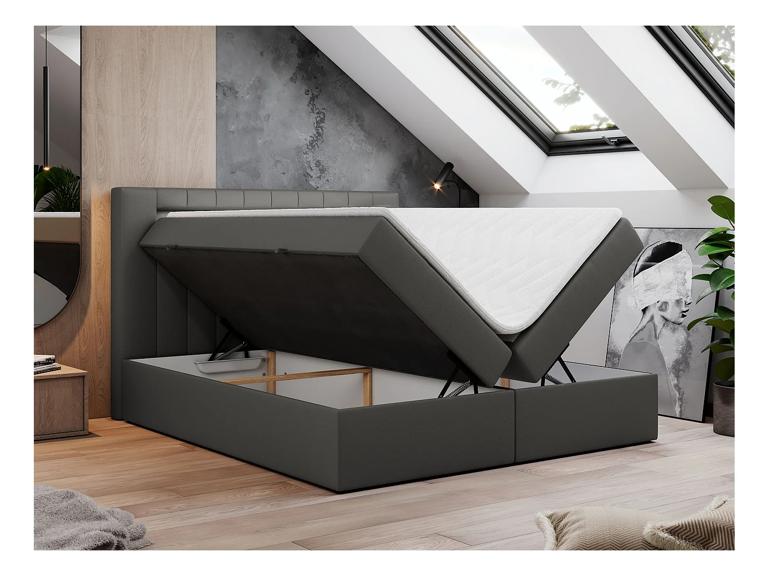 Boxspringbett GOLD 5 mit Multipocket-Matratze und LED, zwei Bettkästen - 140x200 cm - H3 - Dunkelgrau Kunstleder