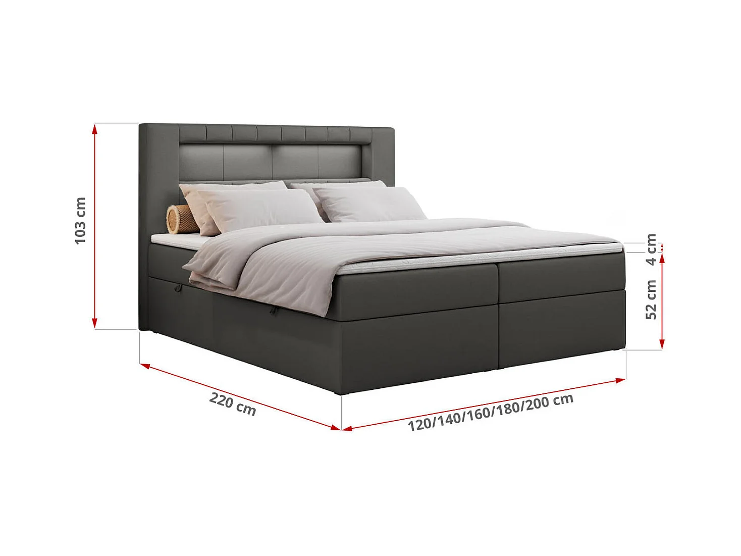 Boxspringbett GOLD 5 mit Multipocket-Matratze und LED, zwei Bettkästen - 140x200 cm - H3 - Dunkelgrau Kunstleder