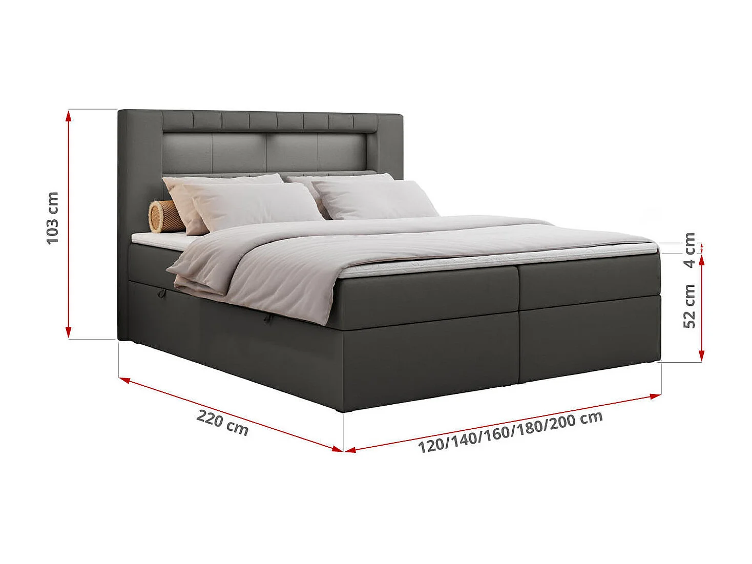 Boxspringbett GOLD 5 mit Multipocket-Matratze und LED, zwei Bettkästen - 140x200 cm - H3 - Dunkelgrau Kunstleder