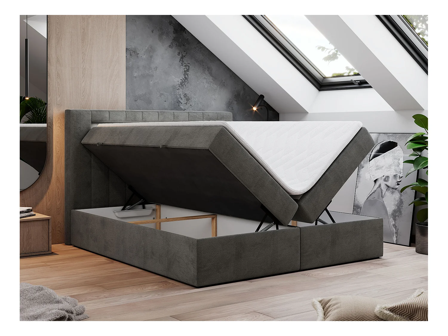 Boxspringbett GOLD 5 mit Multipocket-Matratze und LED, zwei Bettkästen - 140x200 cm - H3 - Dunkelgrau Velvet