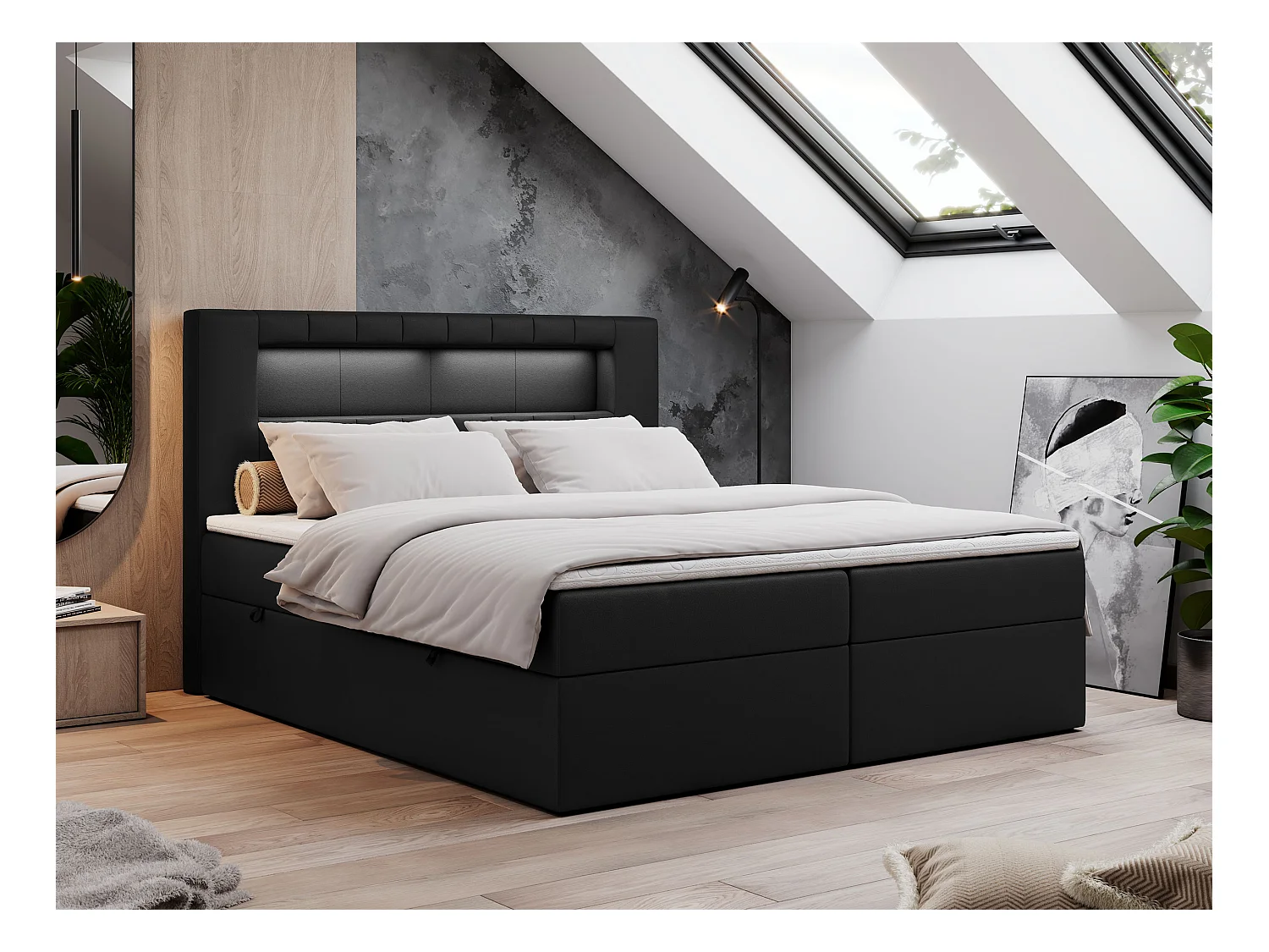 Boxspringbett GOLD 5 mit Multipocket-Matratze und LED, zwei Bettkästen - 140x200 cm - H3 - Schwarz Kunstleder