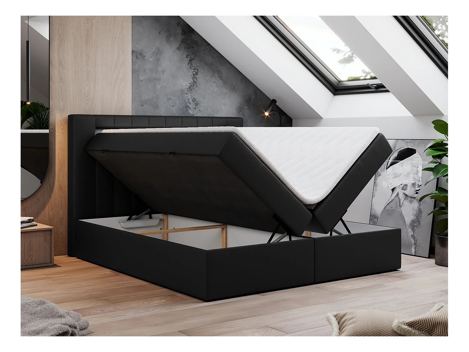 Boxspringbett GOLD 5 mit Multipocket-Matratze und LED, zwei Bettkästen - 140x200 cm - H3 - Schwarz Kunstleder
