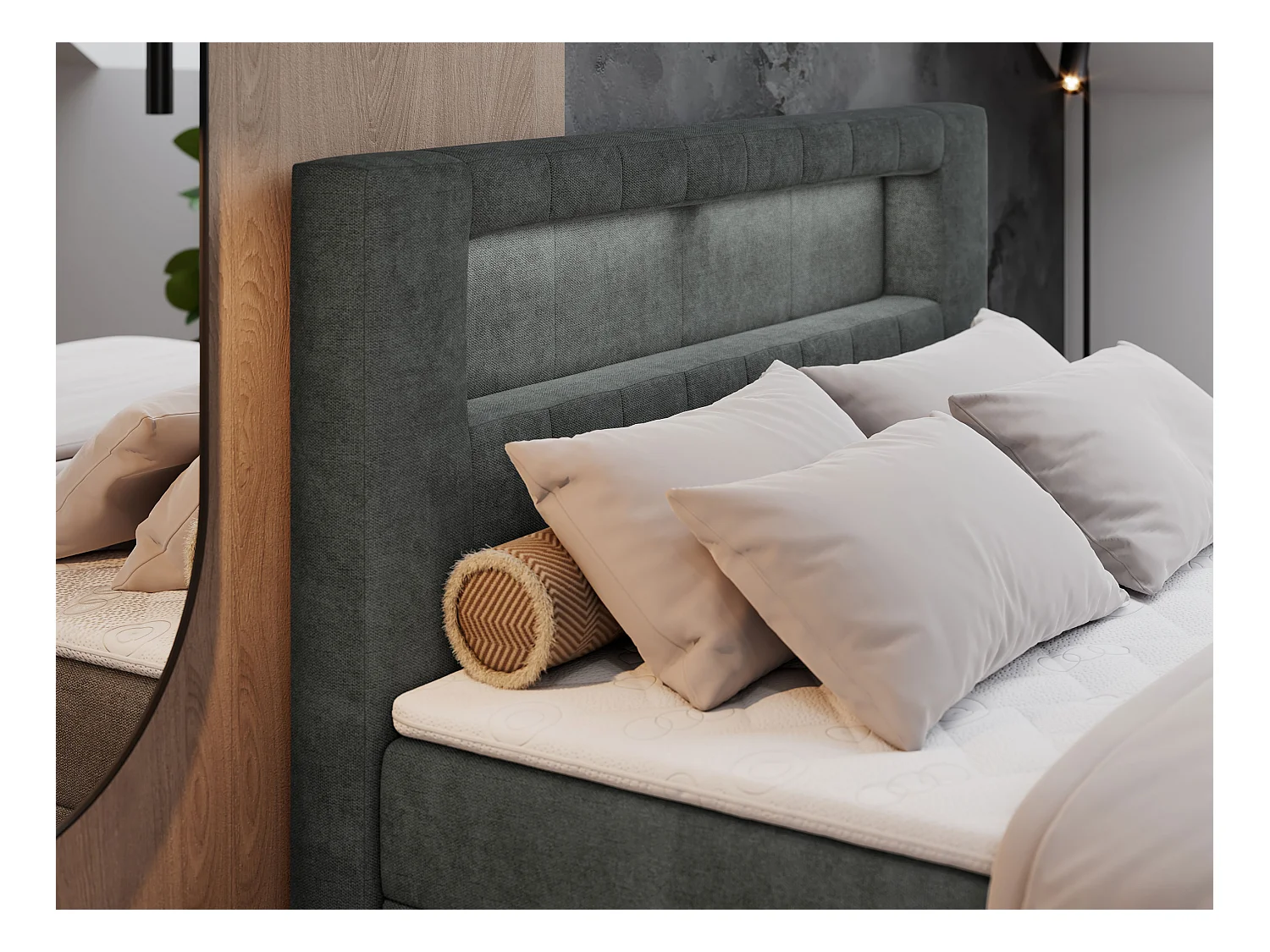 Boxspringbett GOLD 5 mit Multipocket-Matratze und LED, zwei Bettkästen - 160x200 cm - H3 - Dunkelgrau Strukture