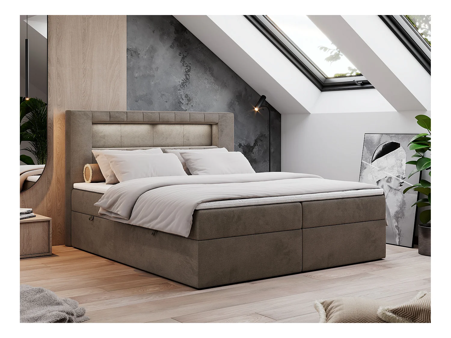 Boxspringbett GOLD 5 mit Multipocket-Matratze und LED, zwei Bettkästen - 120x200 cm - H3 - Braun Velvet