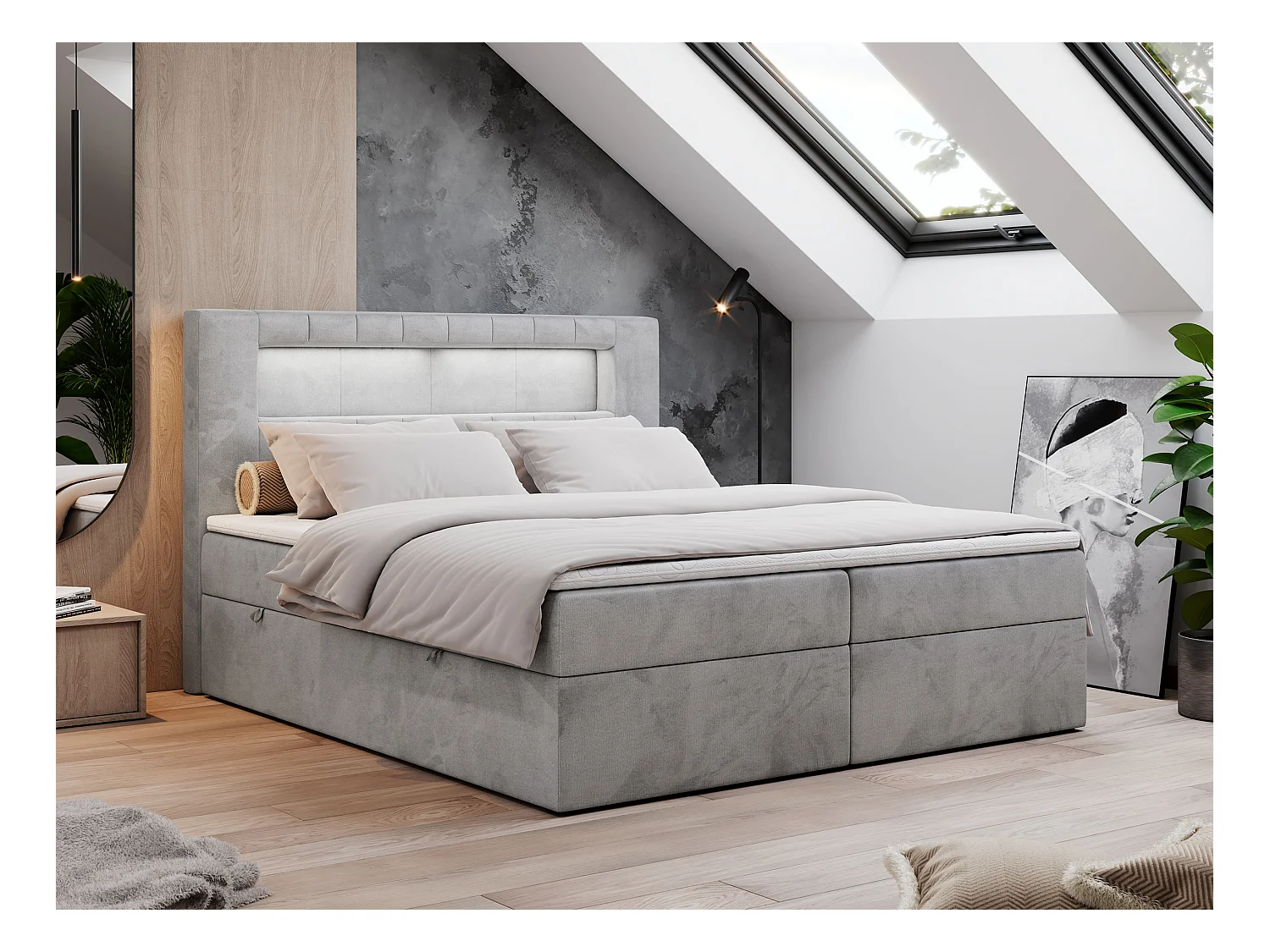 Boxspringbett GOLD 5 mit Multipocket-Matratze und LED, zwei Bettkästen - 200x200 cm - H3 - Hellgrau Velvet