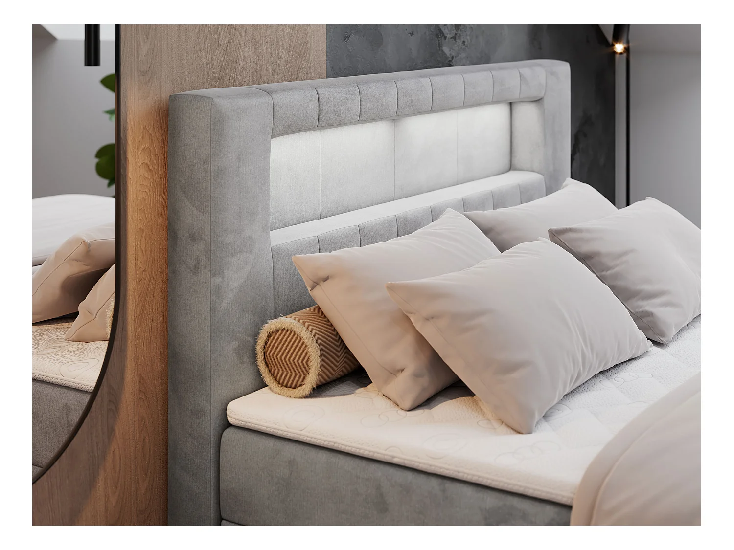 Boxspringbett GOLD 5 mit Multipocket-Matratze und LED, zwei Bettkästen - 200x200 cm - H3 - Hellgrau Velvet