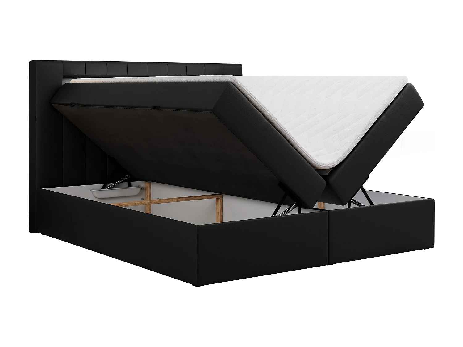 Boxspringbett GOLD 5 mit Multipocket-Matratze und LED, zwei Bettkästen - 160x200 cm - H3 - Schwarz Kunstleder