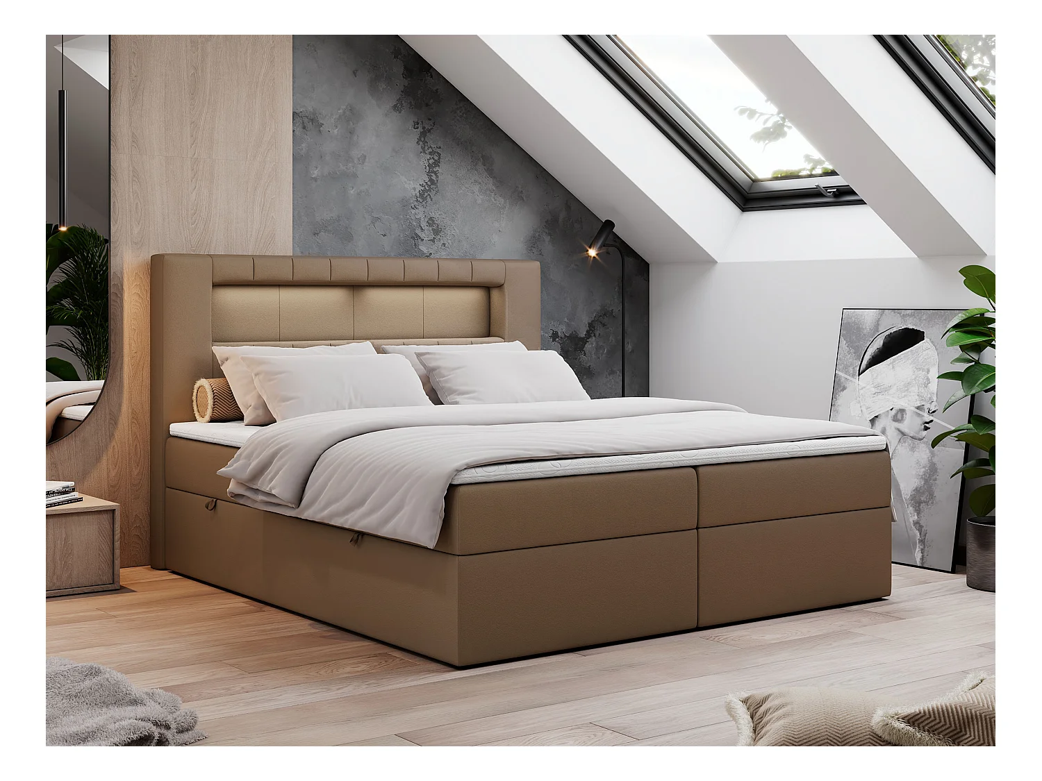 Boxspringbett GOLD 5 mit Multipocket-Matratze und LED, zwei Bettkästen - 120x200 cm - H3 - Braun Kunstleder