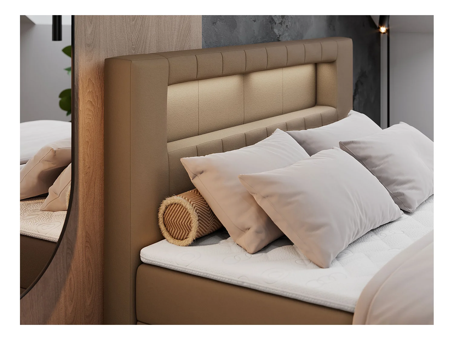 Boxspringbett GOLD 5 mit Multipocket-Matratze und LED, zwei Bettkästen - 120x200 cm - H3 - Braun Kunstleder