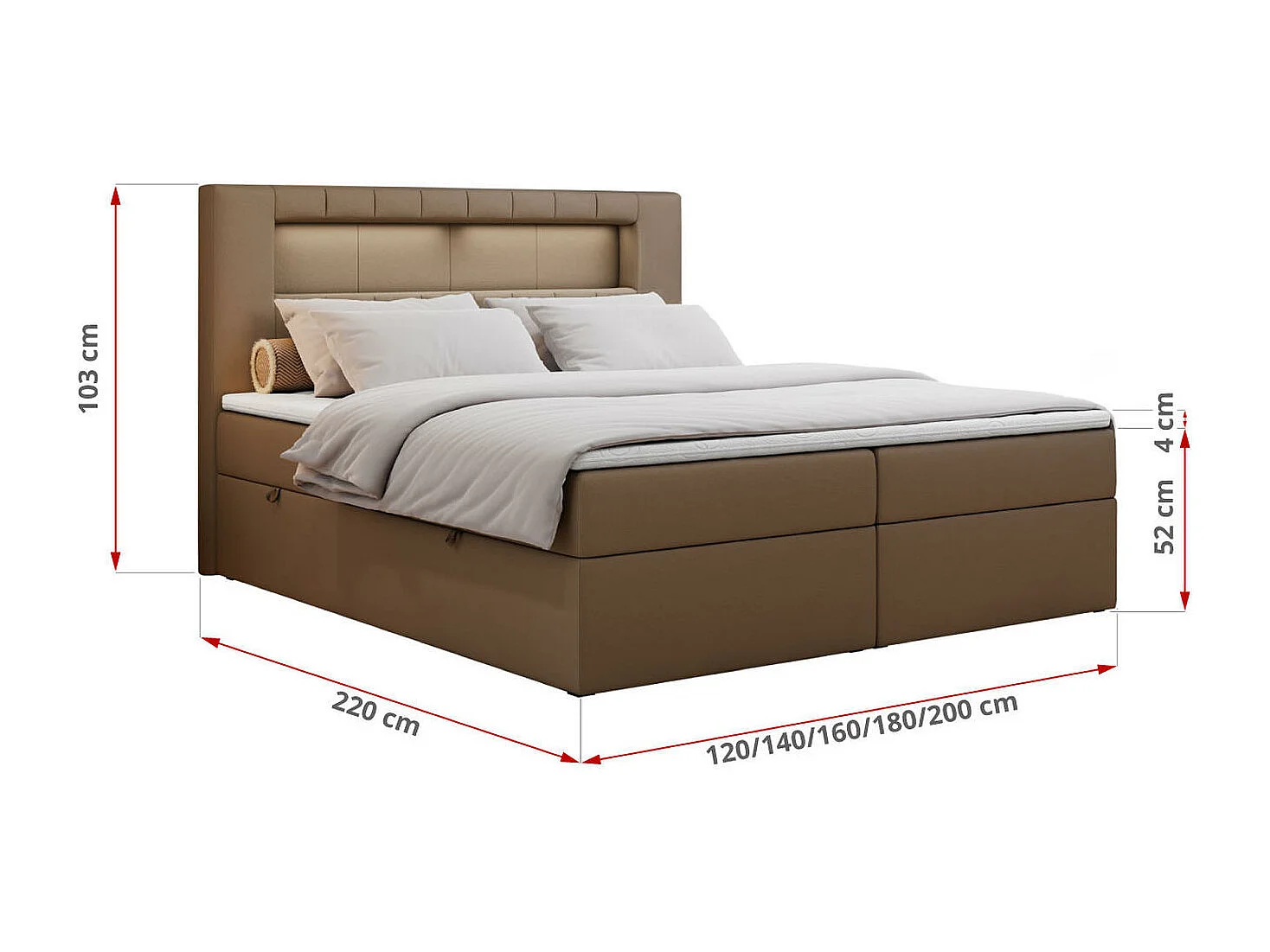 Boxspringbett GOLD 5 mit Multipocket-Matratze und LED, zwei Bettkästen - 120x200 cm - H3 - Braun Kunstleder